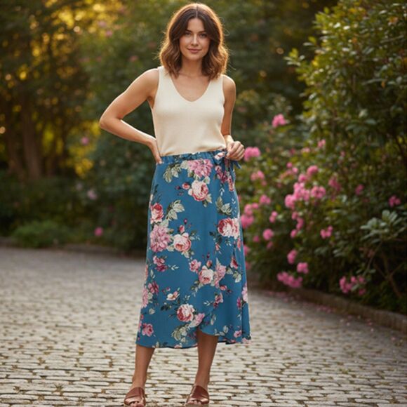 bobeau Dresses & Skirts - Bobeau Blue Floral Wrap Midi Skirt Size M